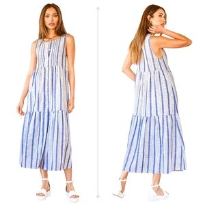 Lulus Hit The Beach Blue Striped Button-Up Tiered Midi Dress